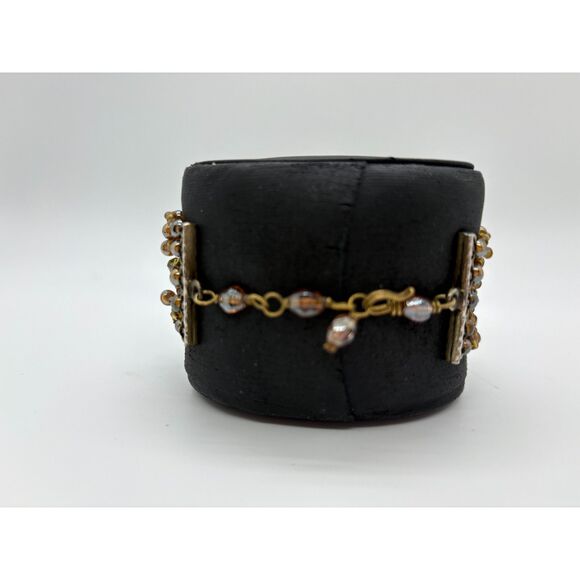 Boho Brown & Gold Plaited Glass Bead Flex Cuff Bracelet – Adjustable Clasp - Picture 2 of 3